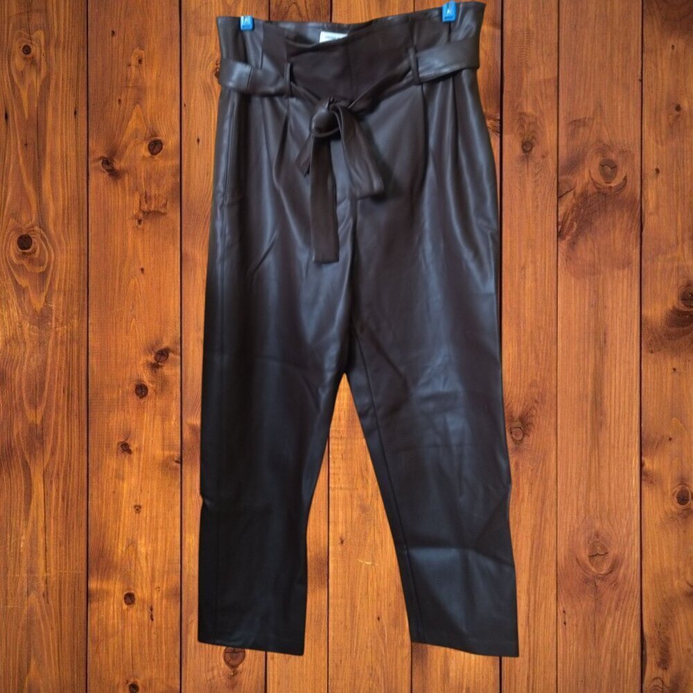 Amanda Uprichard Women's Large Tessi Brown Belted Paperbag Faux Leather Pants